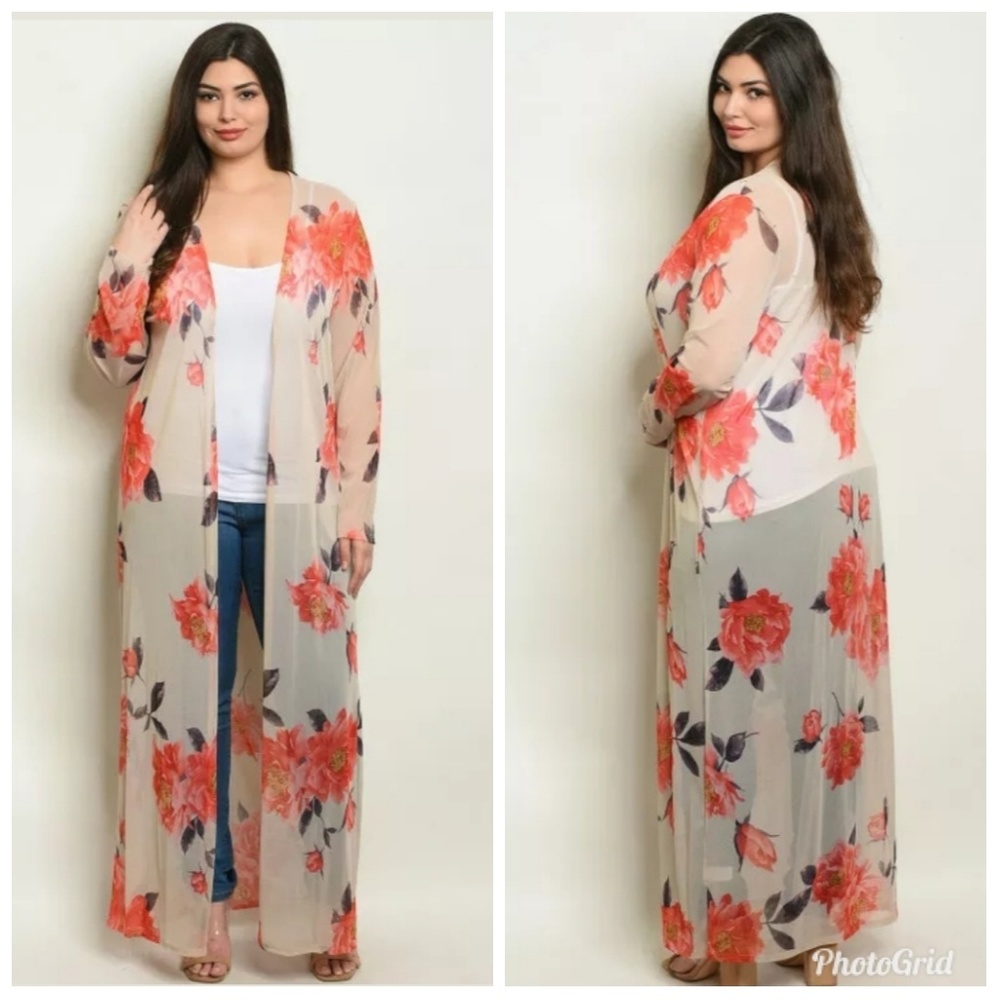 Womens Plus Size Open Front Floral Kimono 1X 2X